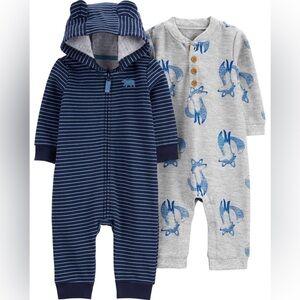 Carter's Baby Boy 2-Pack Jumpsuit Size 18 Months Blue Gray Fox & Bear Print NEW